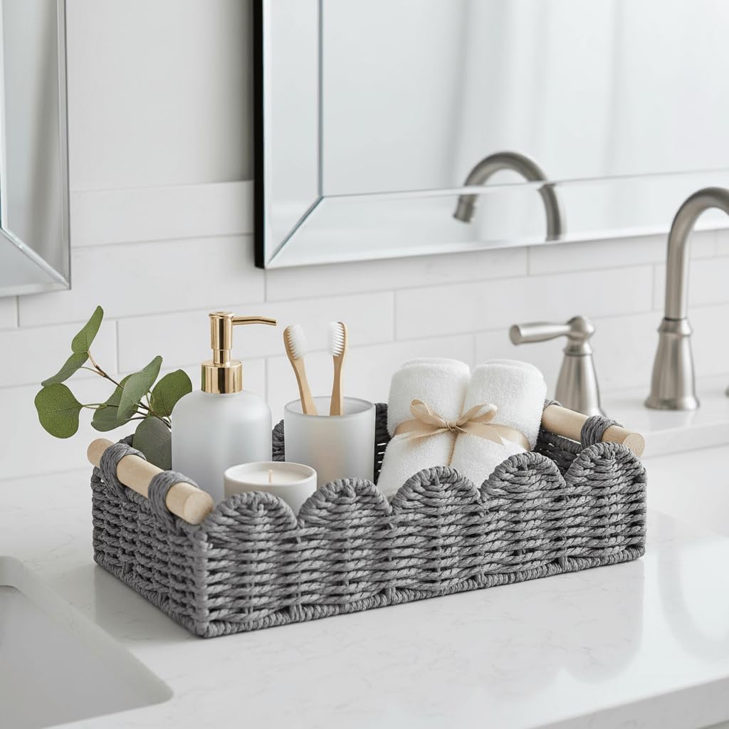 CubesLand Paper Rope Scalloped Edge Toilet Paper Storage Basket, Small Living Room, Bedroom Decor Baskets for Over Toilet Storage Shelf, End Table, Shelves and More, with 2 Wooden Handle, Neutral
