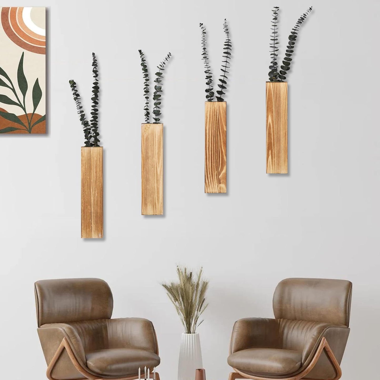 Wooden Wall Planter Set of 4 - Modern Home Decor for Living Room, Bedroom, Bathroom - Walnut Finish Planter for Dried Flowers, Faux Greenery, Indoor Plants