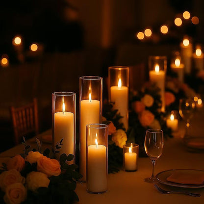Set of 6 White Pillar Candles with Clear Glass Hurricane Holders- Elegant Cylinder Candle Vases for Weddings, Parties, Centerpieces, Home & Office Decor (White, 6 Set)
