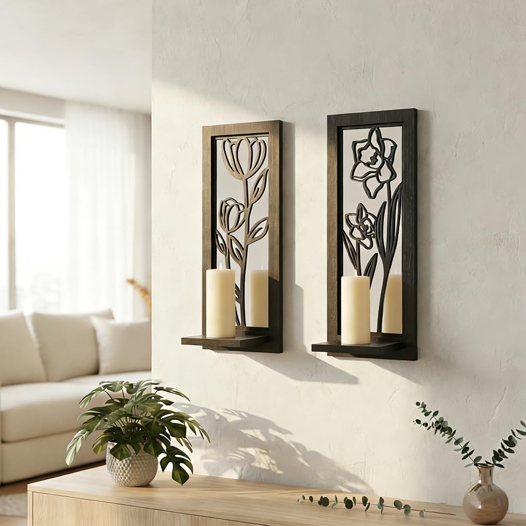 Wood Wall Sconce Candle Holder Set 2, Rustic Wall-Mount Candle Holders, Farmhouse Hanging Wall Décor, Carved Wood Frame, Mirrored Candle Holder (Distressed White)
