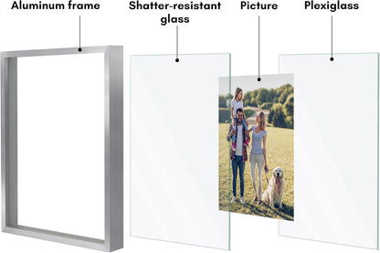 Americanflat Aluminum 11x14 Floating Picture Frame with Shatter-Resistant Glass - Use as 8x10 Picture Frame or Display 11x14 Photo - Signature Float Collection - Photo Frames for Wall Display - Black