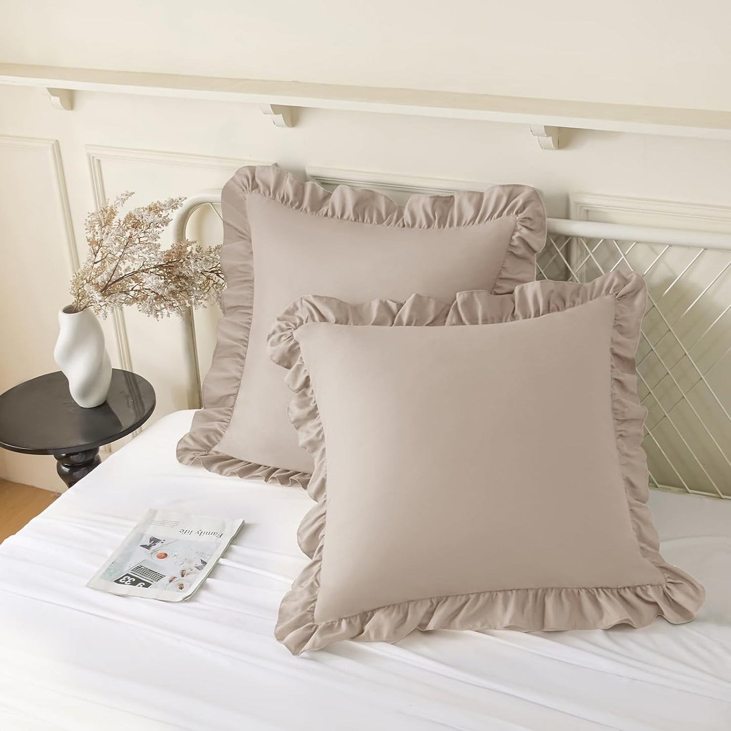 KKJIAF Ruffle Pillow Cases 26x26 Inches, White Square Ruffled Pillow Covers Set of 2, Microfiber Wrinkle Resistant Pillow Shams with Envelope Closure for Sofa Bed Living Room