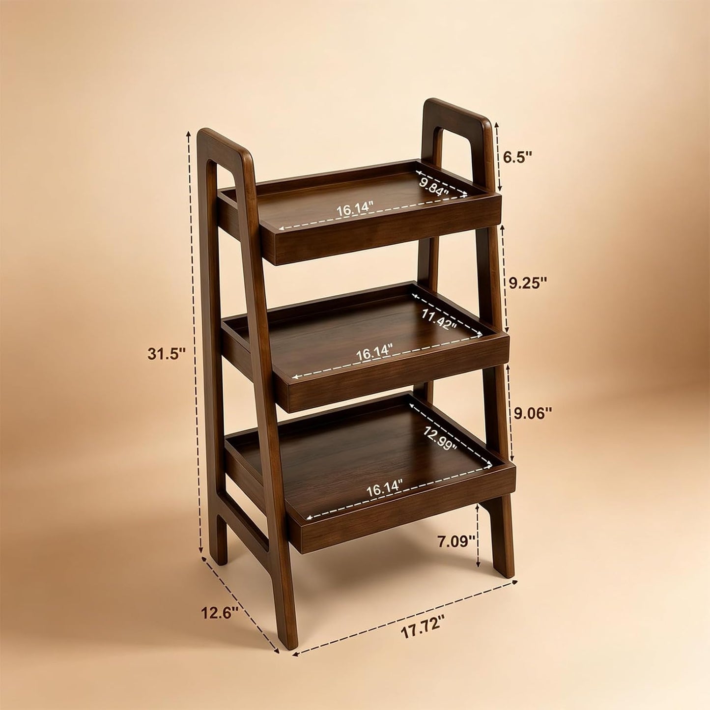 Haotian Solid Wood Ladder Shelf, 3-Tier Walnut Ladder Bookshelf, Small Open Storage Shelf with Anti-Slip Edges, Compact Narrow Bookshelf for Small Spaces, Bedside Table DJ-FRG001