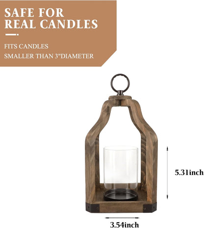 Rustic Wood Lantern Candle Holder for Farmhouse Decor - Indoor and Outdoor Table Centerpiece with Glass Hurricane, 13" High