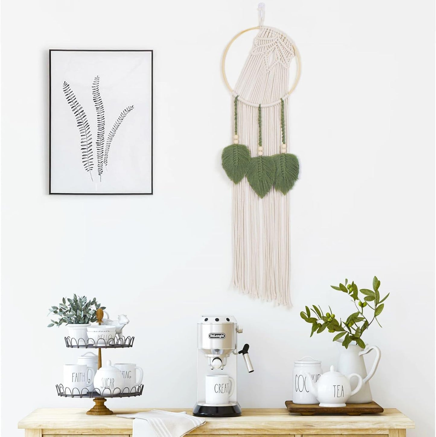 LB Boho Macrame Wall Hanging - Green and Beige Handmade Cotton Woven Decor, Modern Geometric Bohemian Tapestry Wall Decor for Bedroom Living Room Home (31.5"x9.84") Nature-Inspired Room Decor