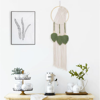 LB Boho Macrame Wall Hanging - Green and Beige Handmade Cotton Woven Decor, Modern Geometric Bohemian Tapestry Wall Decor for Bedroom Living Room Home (31.5"x9.84") Nature-Inspired Room Decor
