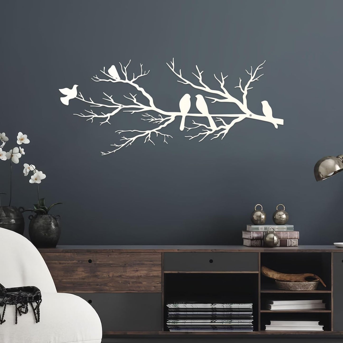 Metal Birds Wall Art, Metal Vivid Birds on Branch Silhouette Wall Decor Black Leaves with Bird Outdoor Hanging Wall Sculpture for Home Balcony Garden(Large)