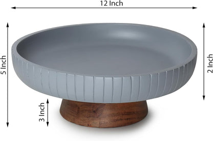 Mango Wood fruit bowl, Decorative black bowl with natural finish pedestal | 12" dia | Dual tone look | Use as Centerpiece for kitchen counter or dining table (Black)