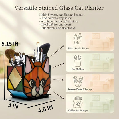 Tiffany Stained Glass Fun Moon Sleeping Cat Planter，Cactus Planter，Cute Planters for Indoor Plants,Decorative Flower Pots As Gifts for Cat Lovers，4.6x3x5.15 in
