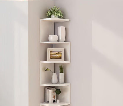 No-Drill Corner Shelf Wall Mount, 5-Tier Floating Corner Bookshelf with Hooks, Space-Saving Zigzag Plant Shelf for Bedroom, Living Room, Bathroom, Home Office