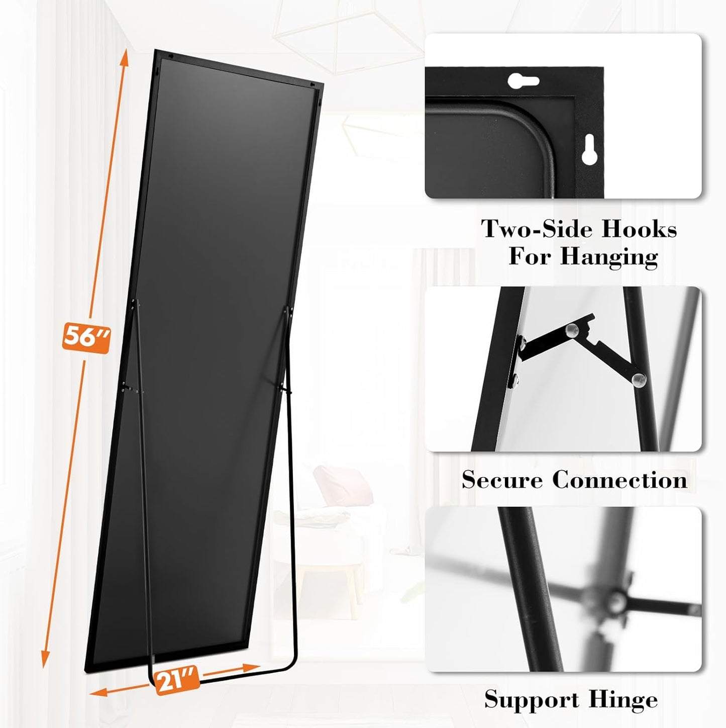 OLIXIS Black Arched Full Length Mirror 60"x16" for Bedroom, Full Body Mirror with Stand, Hanging or Leaning for Wall, Aluminum Alloy Thin Frame Floor Standing for Living Room
