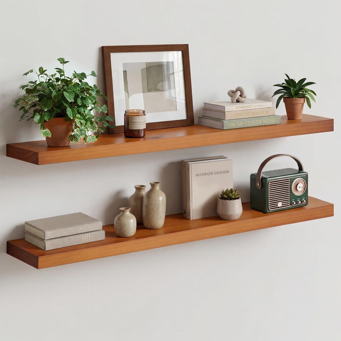 Homeforia 24 inch Natural Floating Shelf, High End Solid Real Wood 24inch Small Floating Shelves for Wall Mounted, Natural Wooden Floating Shelves, Heavy Duty Bracket, 24 X 6.5 X 1.75 in, Set of 2