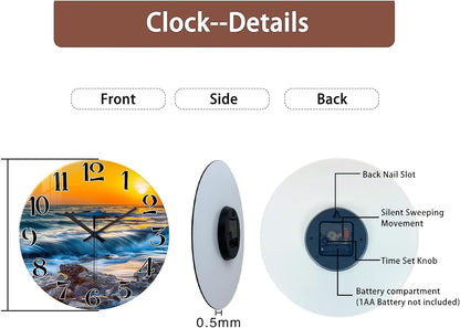 Beach Wall Clock Battery Operated 12 Inch Glass Wall Clock Non Ticking Analog Blue Wall Clocks for Bedroom Living Room Office Decor