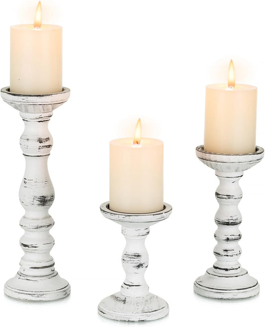 Candeldo Wood Candle Holders for Pillar: Rustic Candles Holder Set of 3 Tall Table Centerpiece Shabby Chic Decor Wooden White Farmhouse Decorations for Fireplace Mantle
