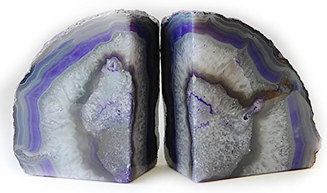 JIC Gem Dyed Blue Agate Bookends Geode Decorative Book Ends for Heavy Books with Rubber Bumpers for Office and Home Decoration Polished Small Size 2 to 3 Lbs