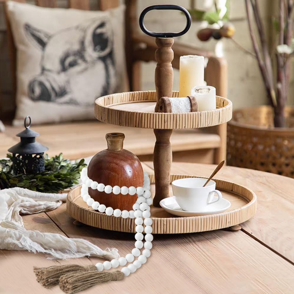 Wood Bead Garland 58 Inch Nature Wooden Beads for Boho Farmhouse Table Home Decor with Tassel, Wooden Prayer Bead, Rustic Country Boho Wall Hanging Decor for Kitchen Modern Living Room Tray Vase Shelf