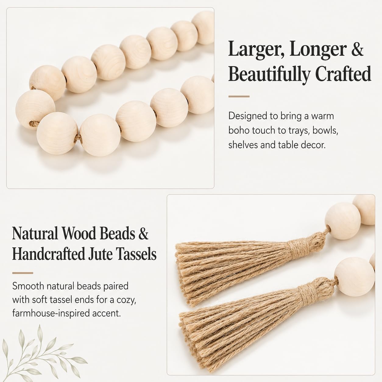 OMISHE Extra Large Wood Bead Garland with 1.6" Diameter Wooden Beads and Tassels, 41" Long Rustic Farmhouse Country Decorative Beads for Home Tiered Tray Decor, Natural Beige