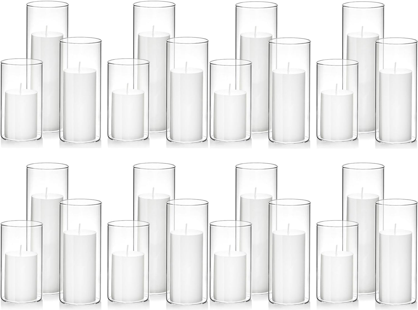 Set of 6 White Pillar Candles with Clear Glass Hurricane Holders- Elegant Cylinder Candle Vases for Weddings, Parties, Centerpieces, Home & Office Decor (White, 6 Set)