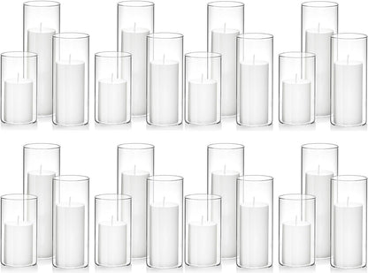 Set of 6 White Pillar Candles with Clear Glass Hurricane Holders- Elegant Cylinder Candle Vases for Weddings, Parties, Centerpieces, Home & Office Decor (White, 6 Set)