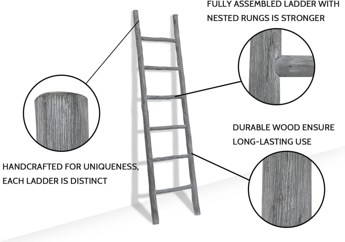 FUIN 57in Wood Blanket Ladder Living Room Decorative Wall Leaning Farmhouse Quilt Display Holder Rustic Wooden Towel Rack for Bathroom, Brown