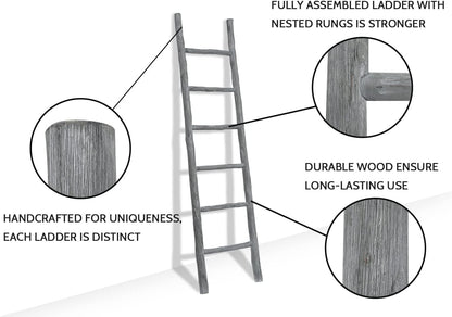 FUIN 57in Wood Blanket Ladder Living Room Decorative Wall Leaning Farmhouse Quilt Display Holder Rustic Wooden Towel Rack for Bathroom, Brown
