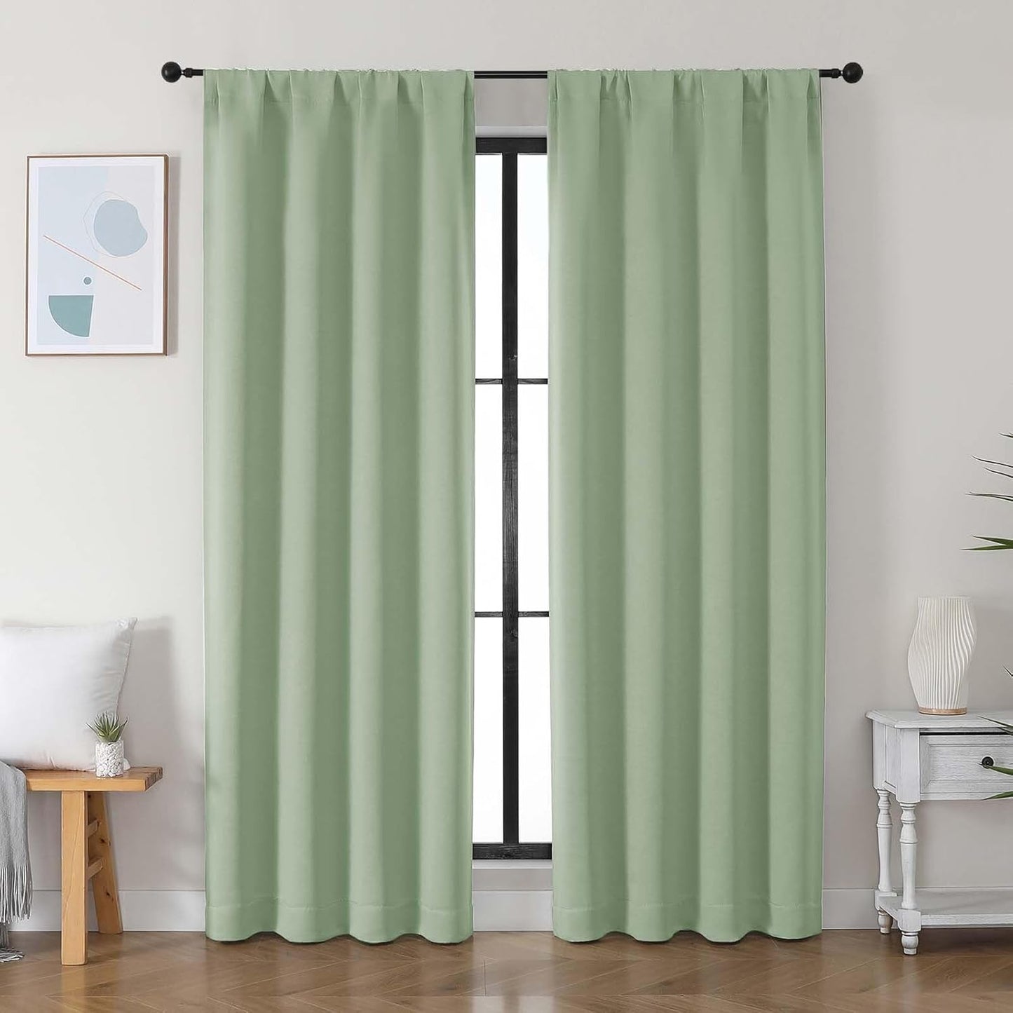 Simplebrand Ava Sage Green Blackout Curtains for Bedroom 63 Inch Length 2 Panels Set, Solid Thermal Insulated Energy Saving Rod Pocket Window Treatment Curtains Blackout Drapes, W40 x L63 Inch, Sage - Colors C