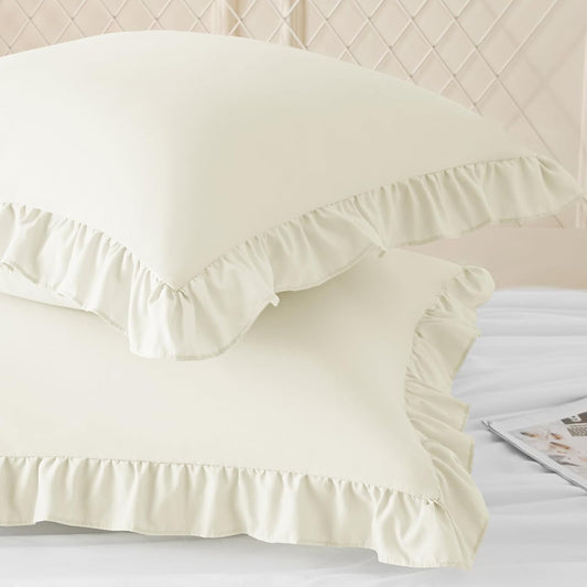KKJIAF Ruffle Pillow Cases 26x26 Inches, White Square Ruffled Pillow Covers Set of 2, Microfiber Wrinkle Resistant Pillow Shams with Envelope Closure for Sofa Bed Living Room