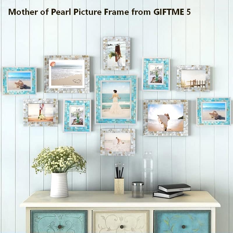 Silver Plate Picture Frame 5x7 Mother of Pearl 5 by 7 Photo Frame Mosaic Glass Tabletop Frame (Grey+ White,1pc)