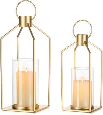Nuptio Decorative Lantern Candle Holder: 2 Pcs Glass Hurricane Pillar Candles Holders Rustic Black Metal Hanging Lanterns Decor for Outdoor Wedding Farmhouse Home Fireplace Christmas Halloween