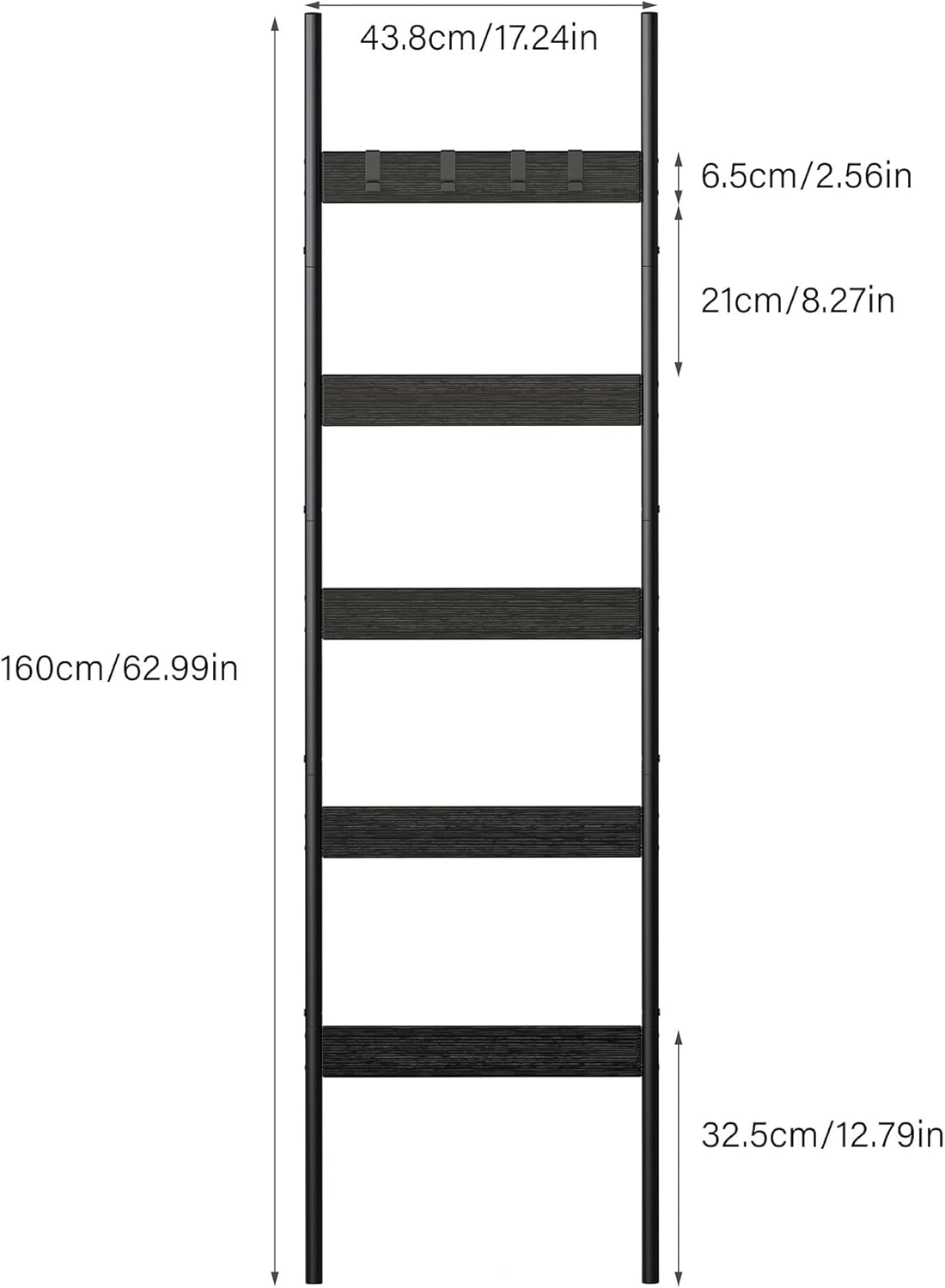 Blanket Ladder, 5-Tier Towel Holder with 4 Removable Hooks, Farmhouse Wall Leaning Decorative Rack Shelf, Wooden Towel Display Rack, Quilt Ladder for Living Room, Bedroom, Rustic Brown