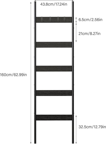 Blanket Ladder, 5-Tier Towel Holder with 4 Removable Hooks, Farmhouse Wall Leaning Decorative Rack Shelf, Wooden Towel Display Rack, Quilt Ladder for Living Room, Bedroom, Rustic Brown