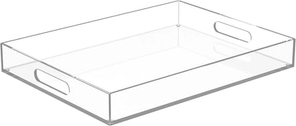 ATZYmolin 16"x12" Large Acrylic Serving Tray Decorative Ottoman Coffee Table Vanity Tray Tea Fruit Platter Snack Appetizer Dessert Drink with Handles for Bar Kitchen Party, Amber