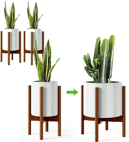 MUDEELA Plant Stand for Indoor Plants: Adjustable Width Fits 8–12 Inch Pots - Mid Century Modern Bamboo Plant Stand - 14.5 Inch Single Tier Small Floor Plant Holder, Dark Brown, 1 Pack (Without Pot)