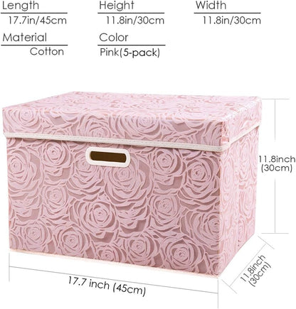PRANDOM Larger Collapsible Storage Bin with Lid [1-Pack] Fabric Decorative Storage Box Cube Organizer Container Baskes with Handles Divider for Bedroom Closet Living Room Pink 17.7x11.8x11.8 Inch
