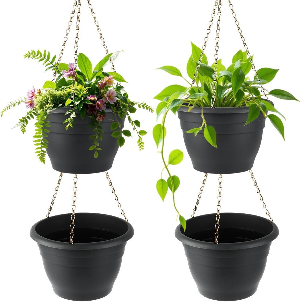 RooTrimmer Hanging Planters for Indoor Outdoor Plants 8 and 10 Inch, 4 Packs Hanging Flower Pot with Drainage Holes, Self-Watering Hanging Basket Perfect for Home, Office and Garden, White