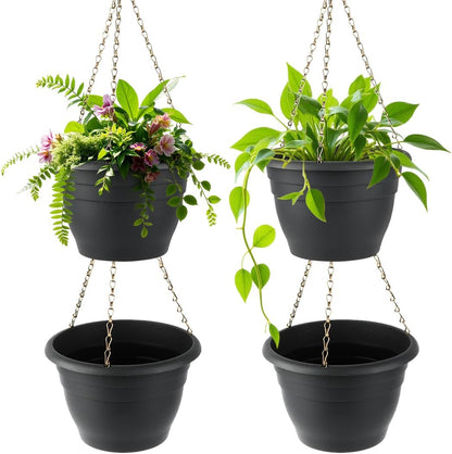 RooTrimmer Hanging Planters for Indoor Outdoor Plants 8 and 10 Inch, 4 Packs Hanging Flower Pot with Drainage Holes, Self-Watering Hanging Basket Perfect for Home, Office and Garden, White