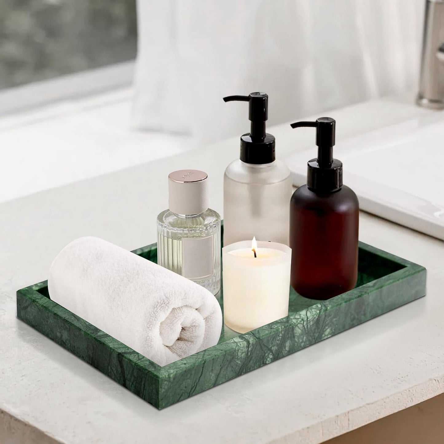 Marble Bathroom Tray,Pure Natural Vanity Tray,Marble Tray for Kitchen Counter Non-Ceramic/Non-Resin,Stone Trays 12 x 8 inch Cyan Green