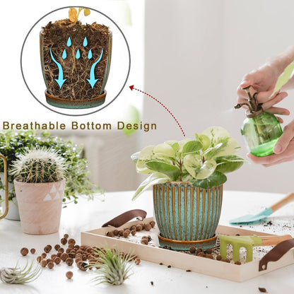 Oairse Ceramic Pots for Indoor Plants, 4.9 +5.7 inch Set of 2 Brown Plant Pots with Drainage Holes and Saucers Texture Ceramic Planters Indoor Outdoor Flower Planters for Succulent