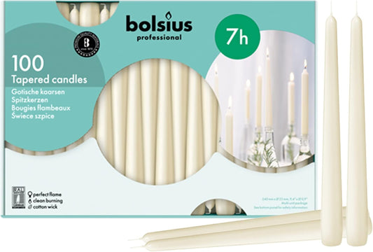BOLSIUS Ivory Taper Candles 100 Count Bulk Pack - 10 Inch Dinner Candle Set - 7+ Burn Hours - Premium European Quality - Smooth Flame - 100% Cotton Wick - Smokeless & Dripless Household Candlesticks