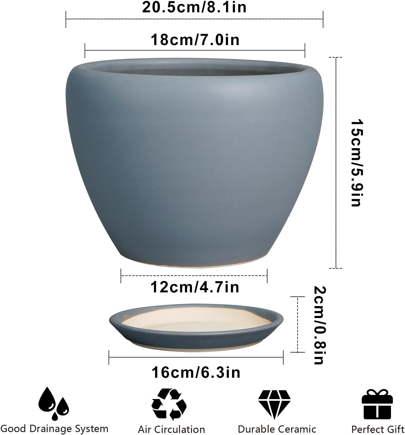 Ceramic Modern Glaze Succulent Planter Pot with Drainage Hole and Saucer 6 Inch Round Flower Plant Pot for Indoor Outdoor Herb Snake Plants