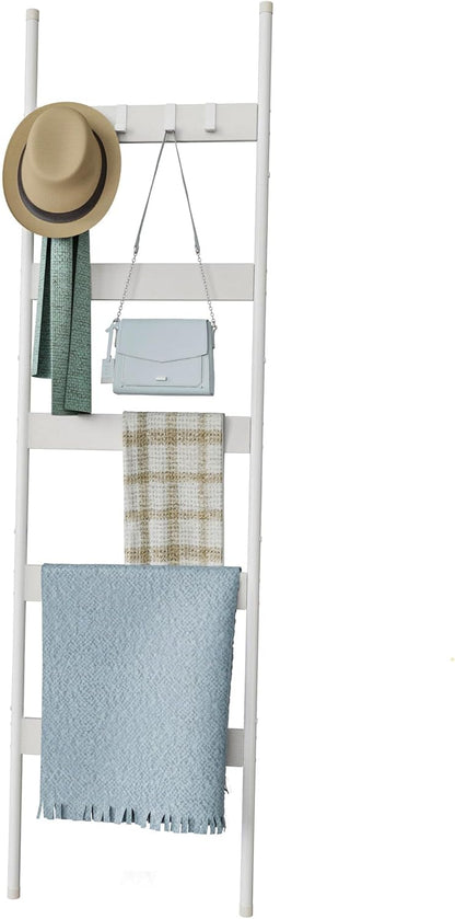 Blanket Ladder, 5-Tier Towel Holder with 4 Removable Hooks, Farmhouse Wall Leaning Decorative Rack Shelf, Wooden Towel Display Rack, Quilt Ladder for Living Room, Bedroom, Rustic Brown