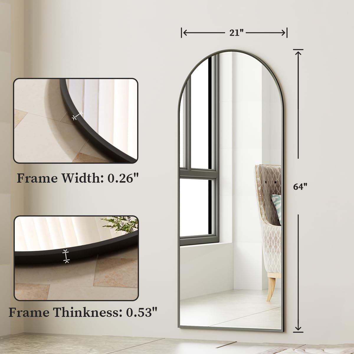XRAMFY 56"x21" Arched Full Length Mirror Floor Mirrors with Aluminum Alloy Frame Free-Standing Wall Mounted Floor Mirrors or Large Dressing Mirror, Black Mirror Full Length