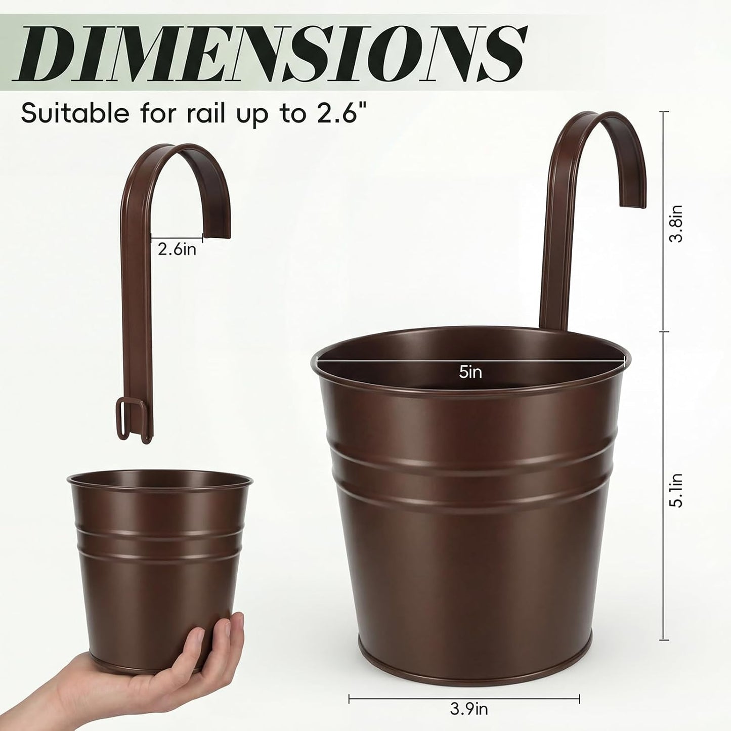 HowRU Metal Iron Flower Pots for Railing Fence Hanging Bucket Pots(5 Pcs) and Hanging Flower Pots Metal Iron Bucket Planter(10 Pcs) (Black)