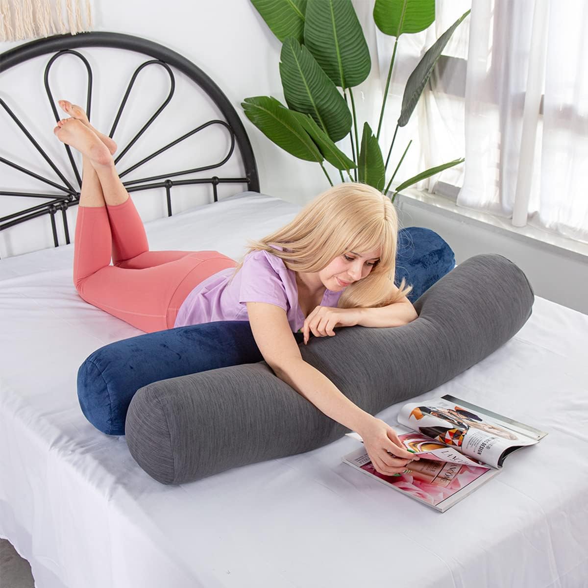 1 MIDDLE ONE Body Pillow for Adults, Bolster Pillow with Removable Velvet Cover, Long Round Cervical Roll Pillow, 47 x 7.87 Inches, Grey