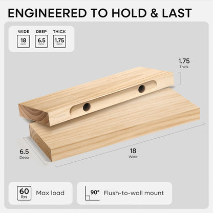 Homeforia 24 inch Natural Floating Shelf, High End Solid Real Wood 24inch Small Floating Shelves for Wall Mounted, Natural Wooden Floating Shelves, Heavy Duty Bracket, 24 X 6.5 X 1.75 in, Set of 2