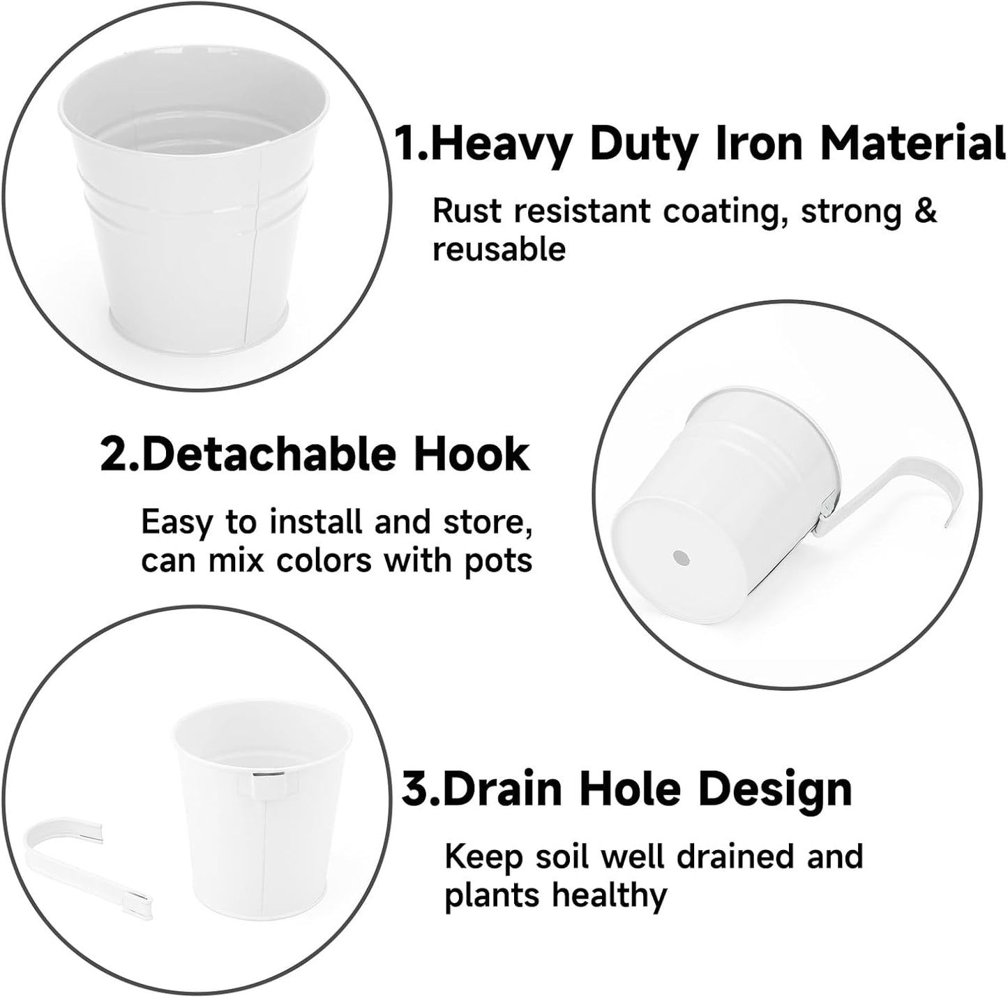 KINGLAKE Flower Pots,10 Pcs Metal Iron Hanging Flower Plant Pots Balcony Garden Plant Planter Baskets Fence Bucket Pot 4'' Flower Holders with Detachable Hook