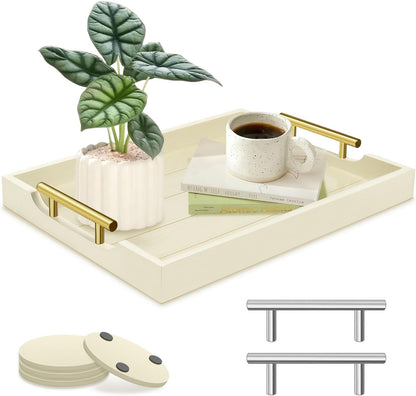 SXNOWS Coffee Table Trays - Large Ottoman Tray for Living Room -Wood Serving Tray with 2 Sets of Handles - Wooden Tray for Coffee Table, 4 Round Coasters Included, Black