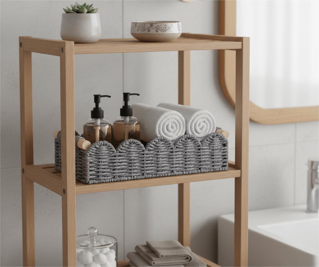CubesLand Paper Rope Scalloped Edge Toilet Paper Storage Basket, Small Living Room, Bedroom Decor Baskets for Over Toilet Storage Shelf, End Table, Shelves and More, with 2 Wooden Handle, Neutral