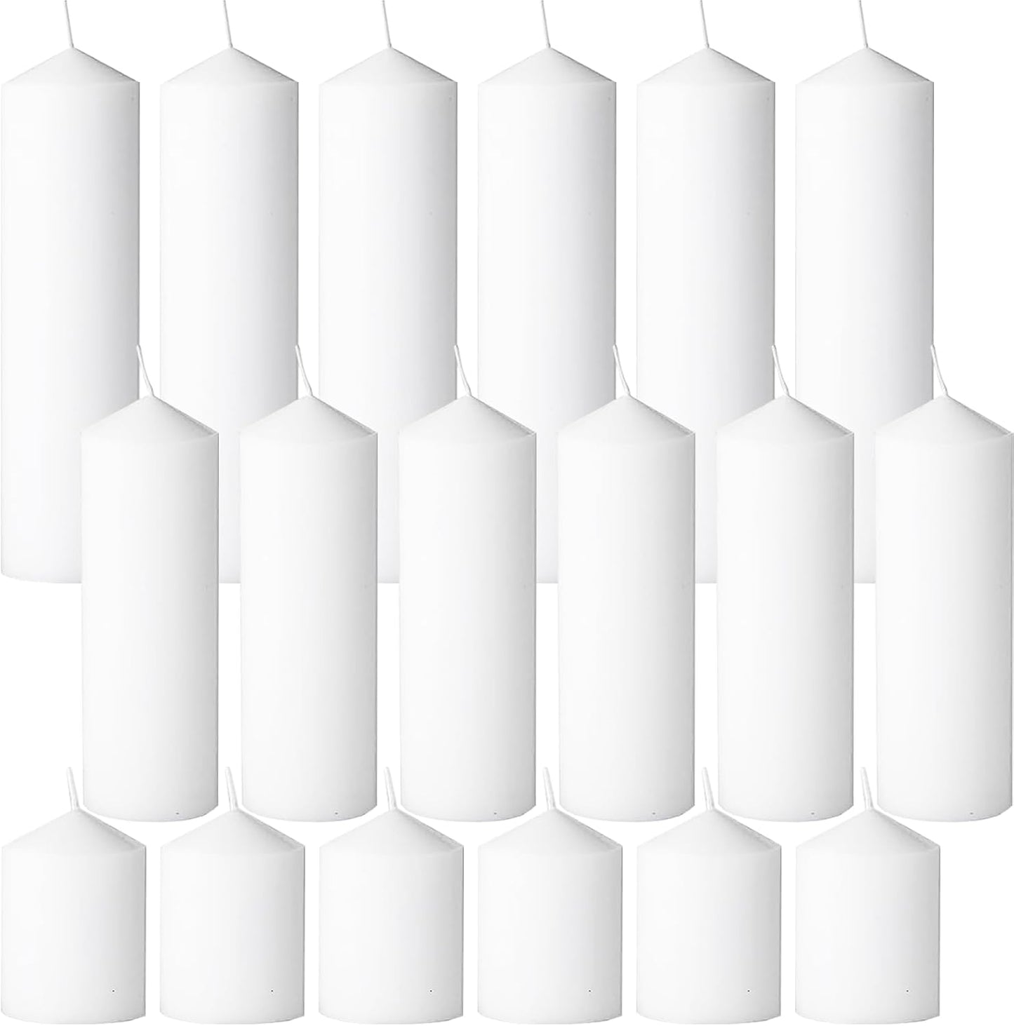 18 Pcs White Pillar Candles Bulk Set，Hurricane Candles，3 Different Lengths 2 x 3/4/6 Inch (6 Each)，Dripless Unscented Smokeless，Gives You a Better Atmosphere When Organizing an Event Party.