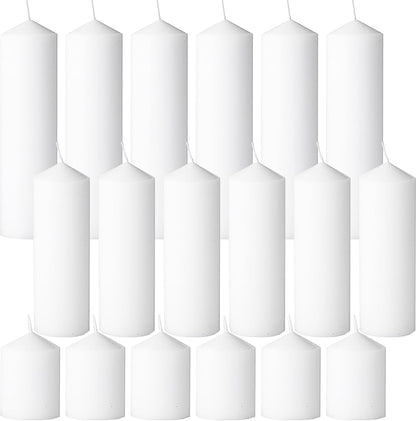 18 Pcs White Pillar Candles Bulk Set，Hurricane Candles，3 Different Lengths 2 x 3/4/6 Inch (6 Each)，Dripless Unscented Smokeless，Gives You a Better Atmosphere When Organizing an Event Party.